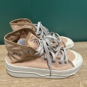 Adidas Nizza Platform shoes in the "Pale Nude" or tan colorway